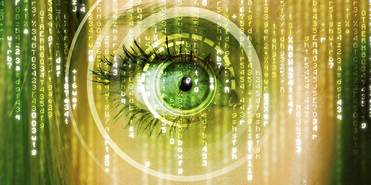 An eye ball with data (numbers and letters) overlayed on it to depict big data in skilled nursing