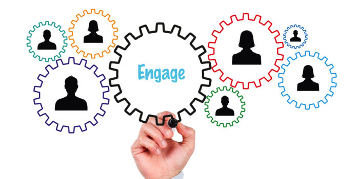 an illustration of cogs with different personas in them and the word engage in the center one to depict tips for mobilizing leaders at all levels in senior care