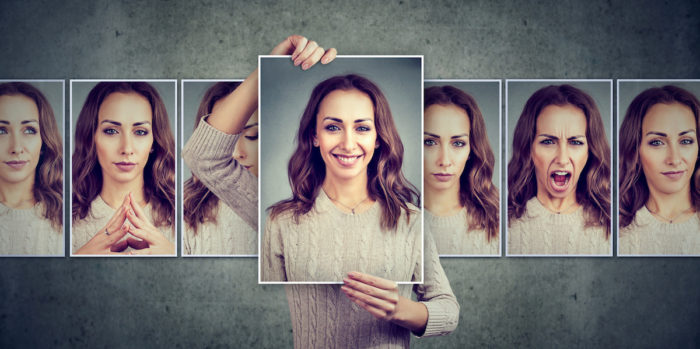 seven photos of a woman with different expressions on her face hanging on a wall to depict what causes inauthentic leadership and what you can do about it