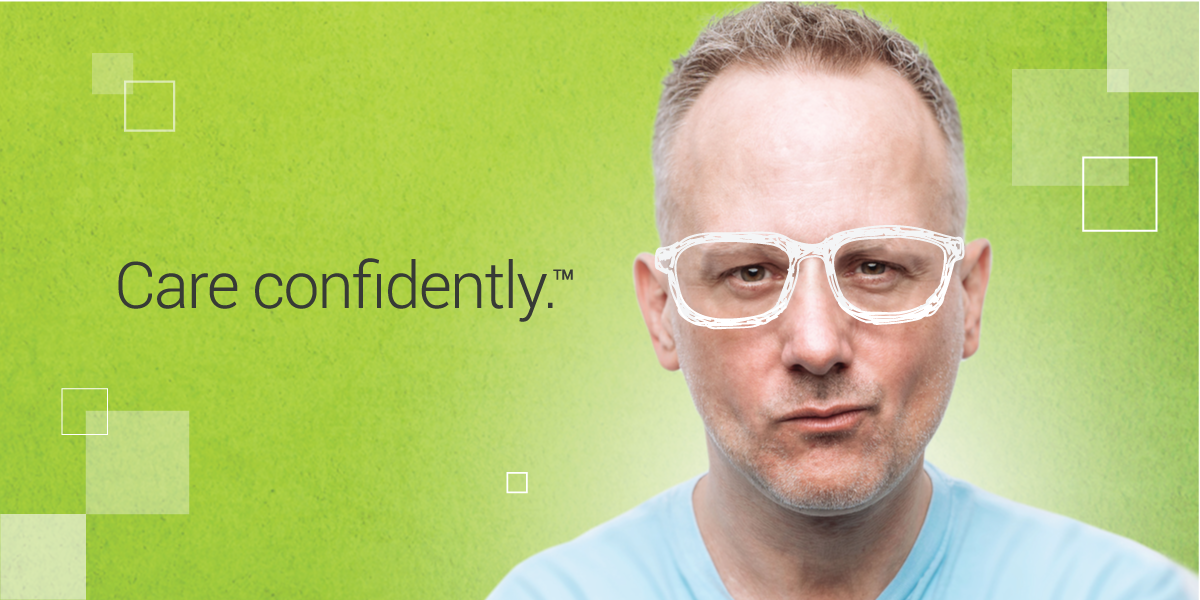 Blond white man in blue shirt with white glasses and "care confidently" text