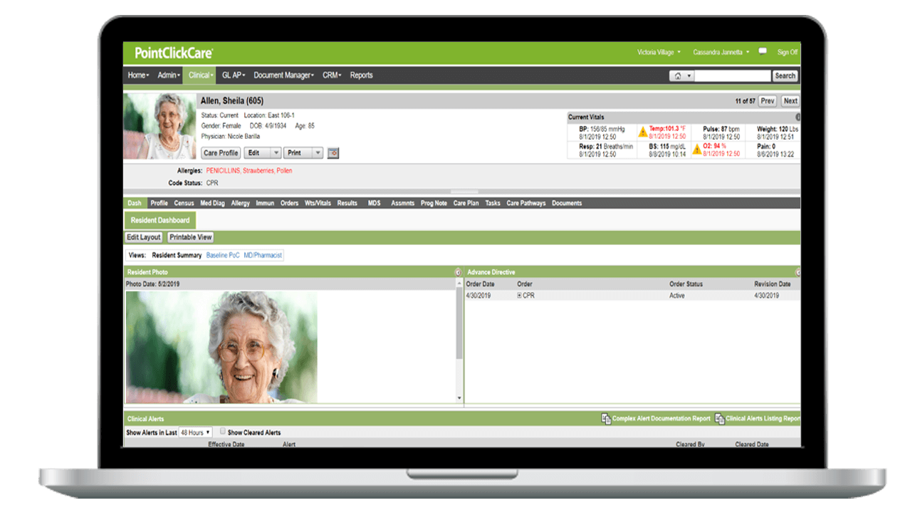 PointClickCare's cloud-based Skilled Nursing software on a laptop