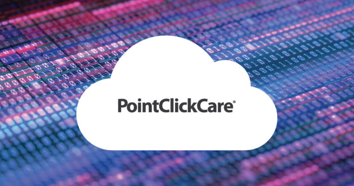 PointClickCare logo in a cloud with binary numbers behind