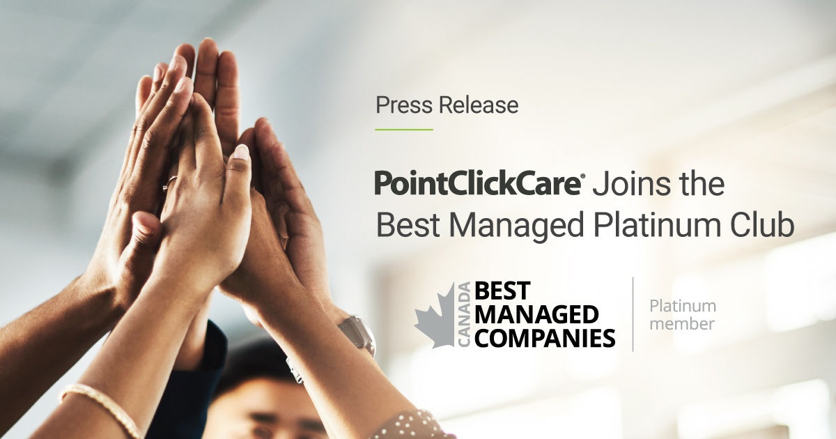 A group of PointClickCare employess all high-fiving together after PointClickCare was named best managed company in Canada for the 7th consecutive year