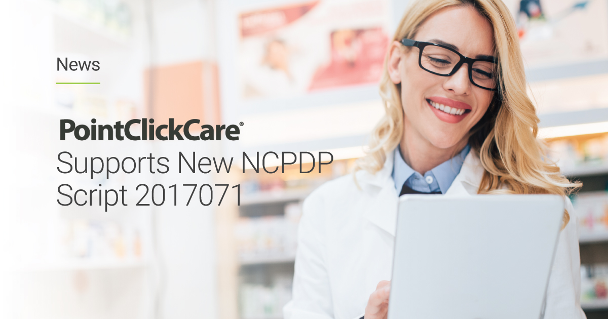 A pharmacist reading about how PointClickCare is collaborating with pharmacy partners to support NCPDP Script Version 2017071