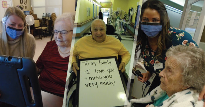A collage of 3 pictures of staff engaging residents at Maplewood House and MSA Manor