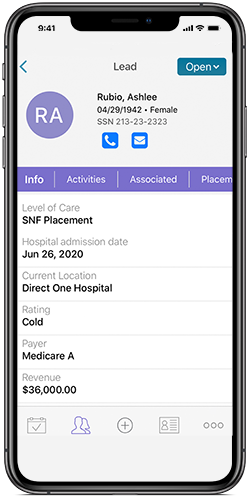 Screenshot of the PointClickCare CRM app on an iPhone