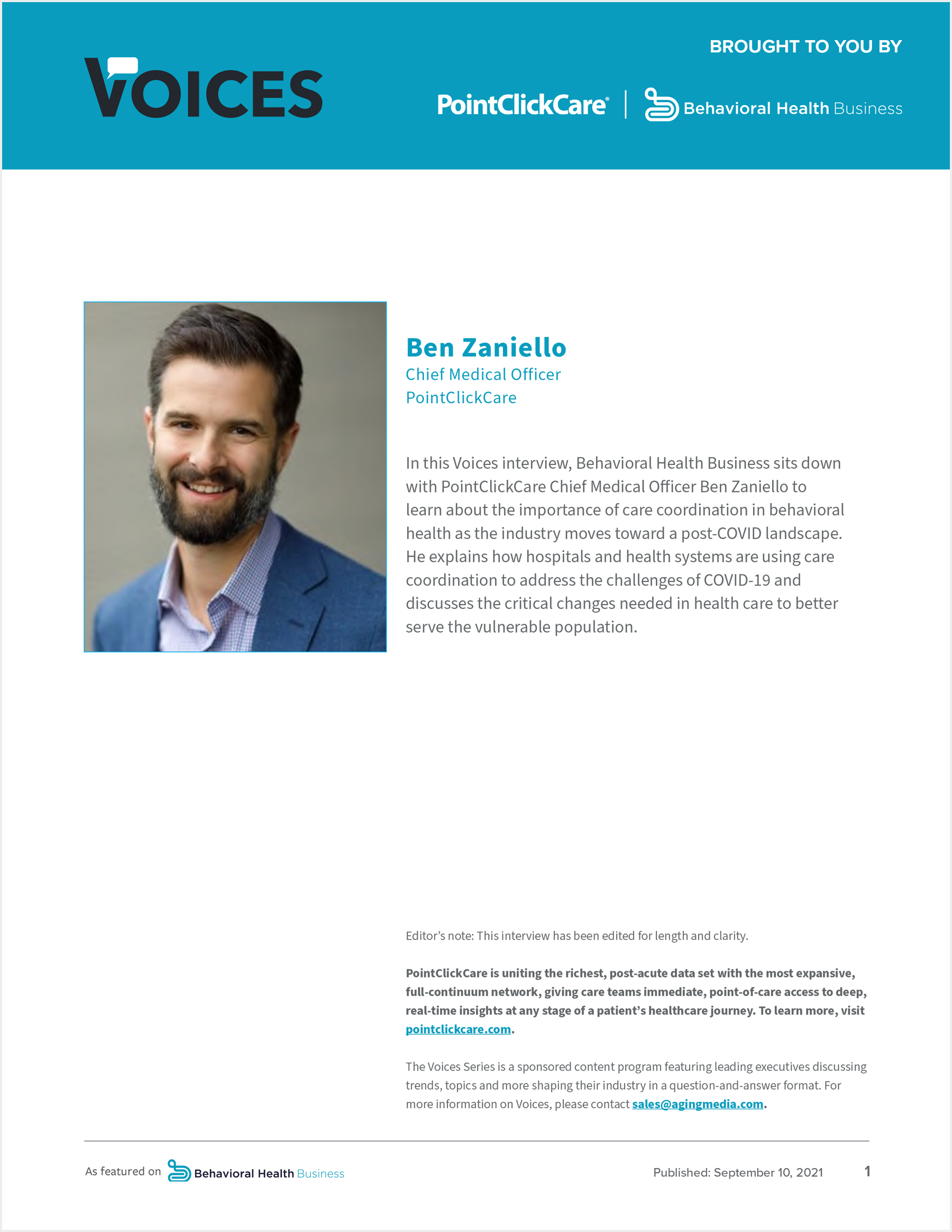 Behavioral Health Business and PointClickCare Voices Ben Zaniello article