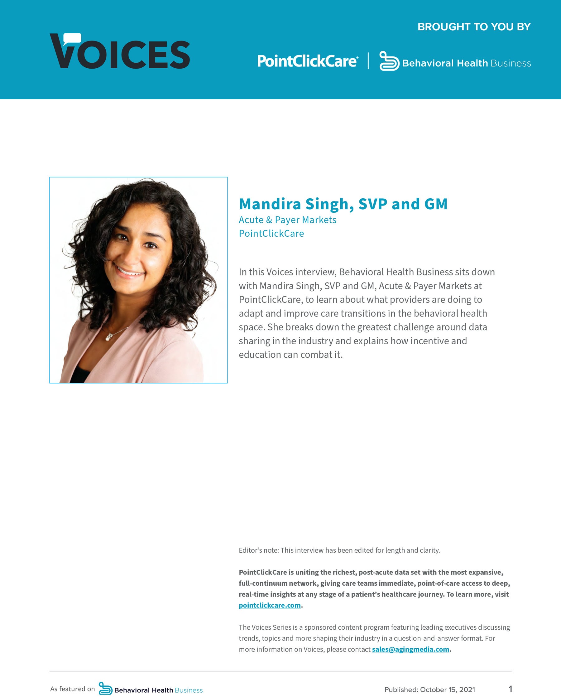Behavioral Health Business Voices interview with Mandira Singh PDF cover page