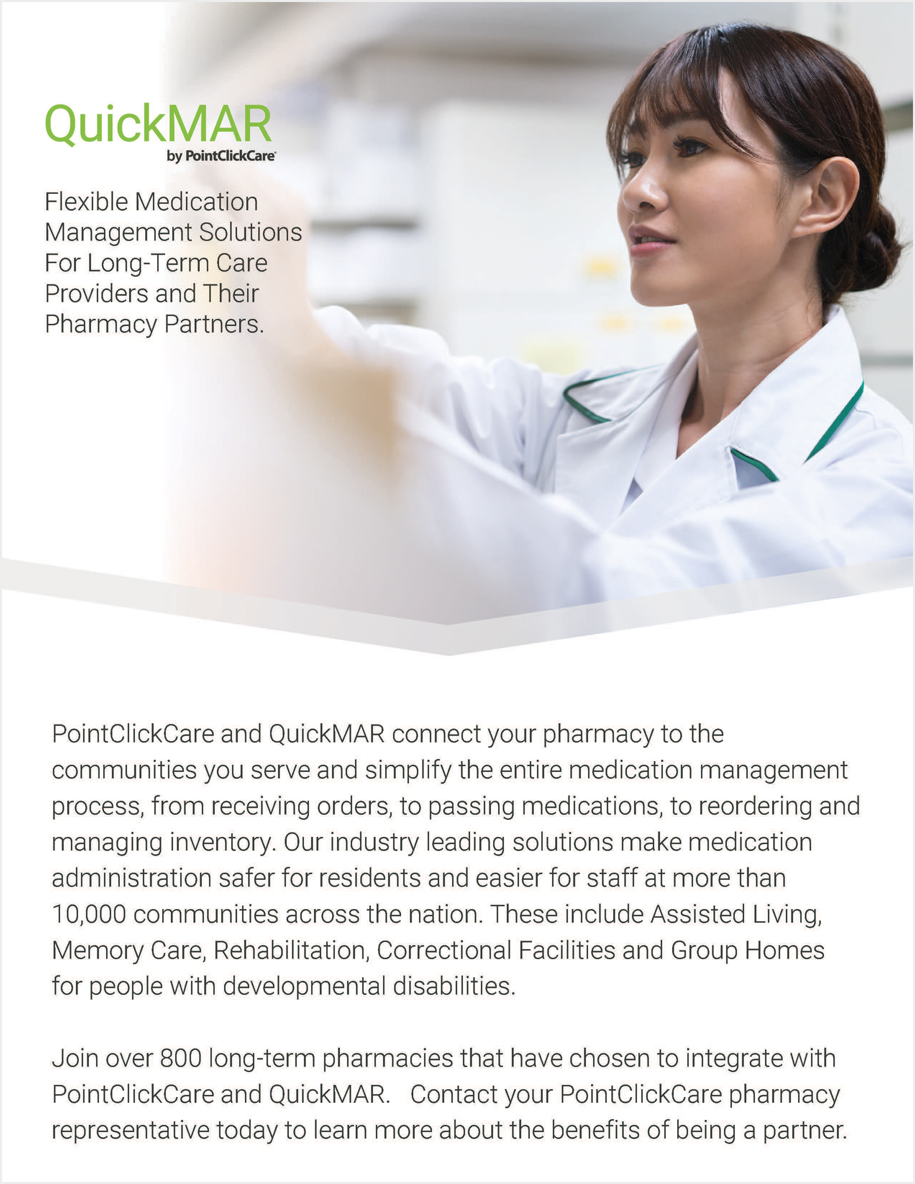 QuickMAR Pharmacy brochure medication management-long-term care providers pharmacy partners smiling worker