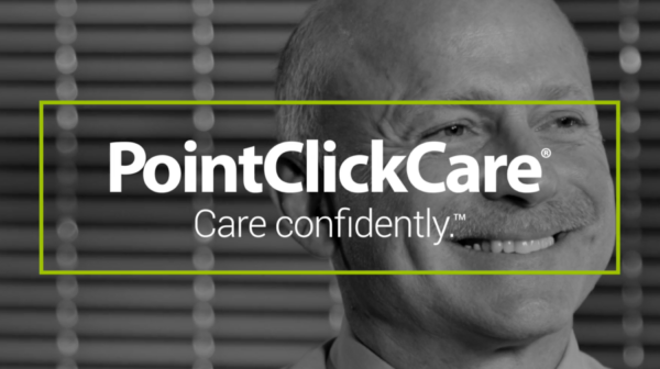 Close up of an elderly man's smiling face with PointClickCare - Care confidently text overlayed