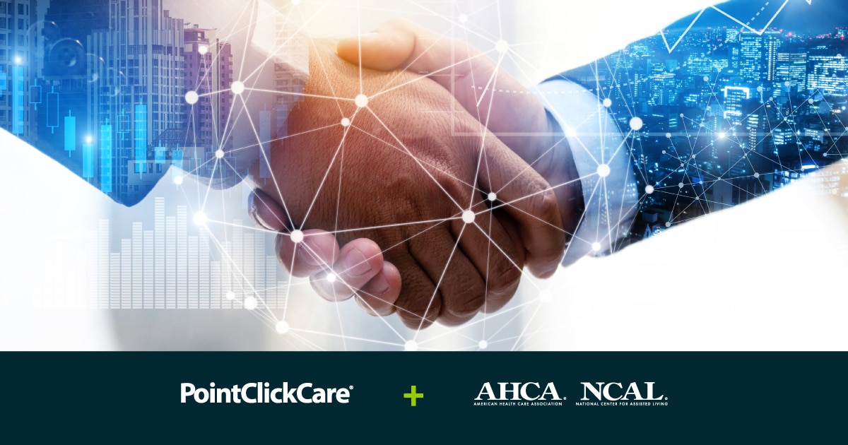 PointClickCare and AHCA partnership press release banner of two hands shaking