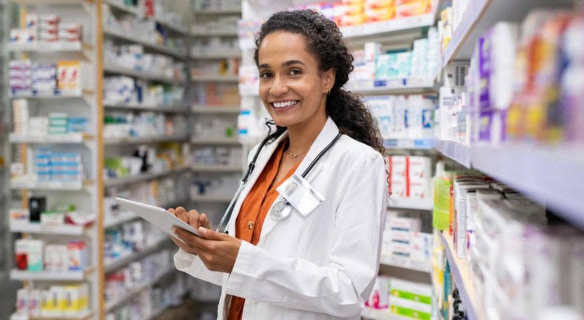 Female pharmacist standing by a pharmacy shelf of prescriptions and smiling as she holds a tablet device