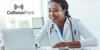 Collision Point podcast episode 2 banner that includes a female physician sitting in her office smiling as she uses a laptop
