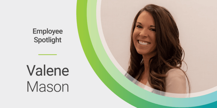 Employee spotlight banner for Valene Mason that includes her picture