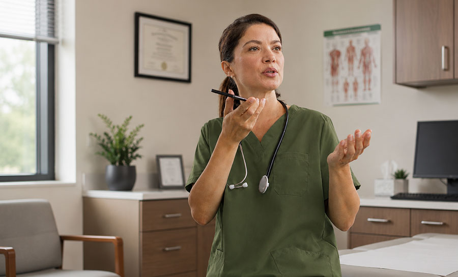 Female nurse in a physician's office, using a smartphone to dictate patient information