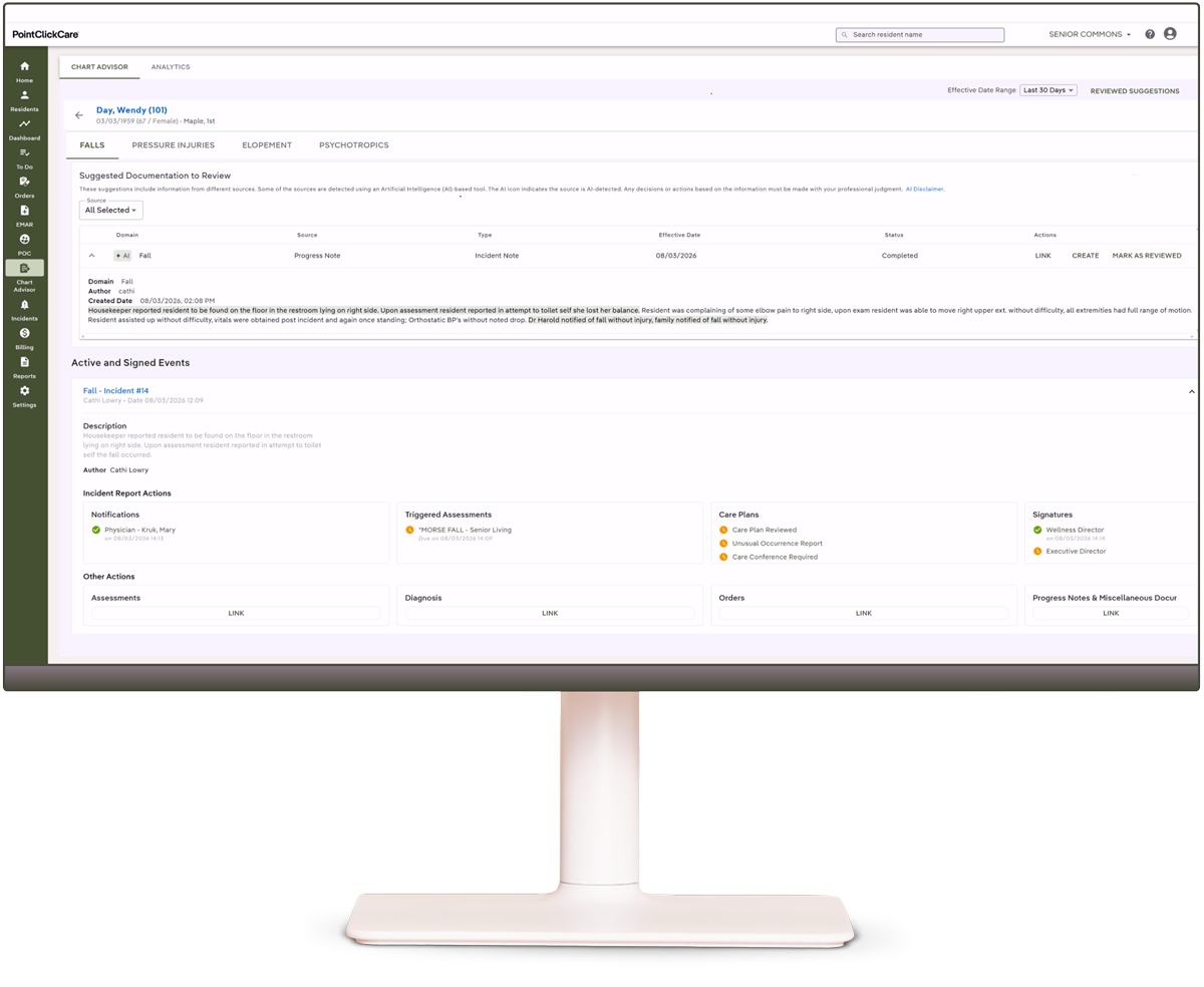 Chart Advisor for Senior Living dashboard displaying possible resident events and open follow-up identified from resident documentation review